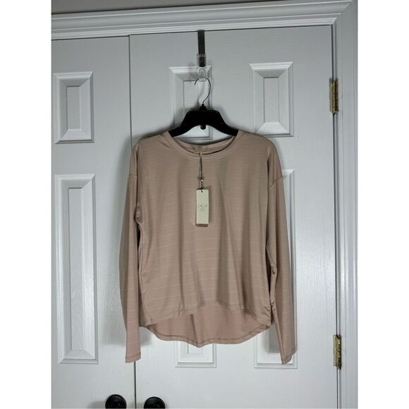 NWT Calia Womens Stripe Pointelle LS Sandstone Gray Shirt Small - Picture 1 of 4